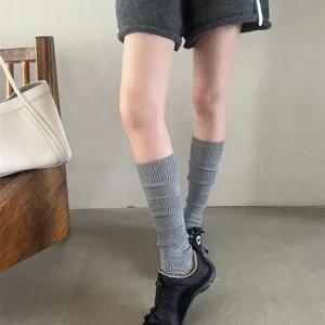 Women thick warm knit wool high knee stack socks winter grey cozy long leg warmers
