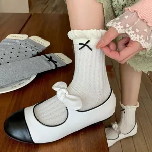 Korean sweet ruffled mid-tube socks with cute black bow, soft oatmeal cotton casual hosiery.