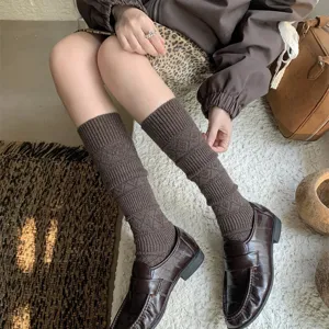 Women's brown knit knee high slouch socks, thick warm winter long boot socks for daily wear.