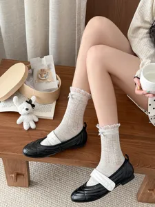 Sweet lace trim bow mesh crew socks for women, breathable thin spring summer styles.