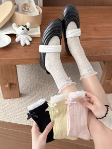 Cute sweet bow mesh mid-tube women socks, breathable thin spring summer casual hosiery.