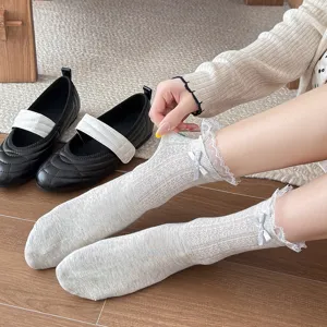 Women breathable mesh mid-tube socks with cute lace trim and sweet bow for spring and summer.