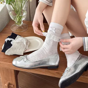 Sweet JK lace mid-calf socks summer mesh thin breathable cute bow stockings for women.