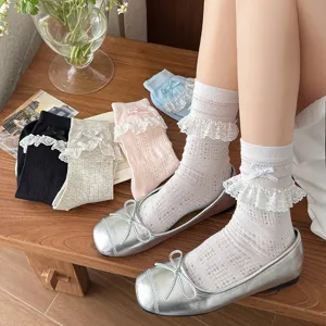 Sweet JK lace ruffle mid-calf socks for women, cute bow mesh thin summer fashion daily hosiery.