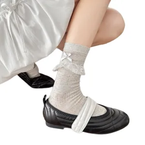 Sweet JK lace mesh mid-tube socks with cute bow for summer, elegant daily wear breathable socks.
