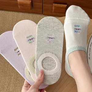 Women's cute cat embroidered shallow-cut low-profile invisible cotton boat socks for summer
