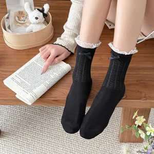 Women cute black mesh mid-tube socks with white lace trim and bowknot for daily sweet style wear