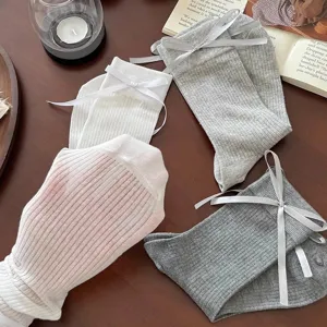 Women vertical striped mid tube socks sweet white ribbon bow stackable socks spring thin