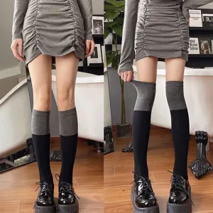 Women color-block knee high socks casual spring autumn leg warmers black and grey item