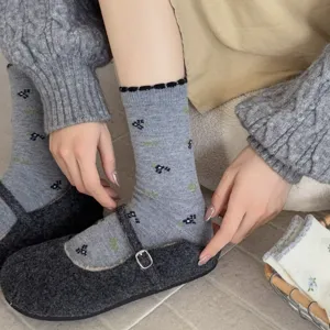 Cozy cashmere floral mid-tube women socks for autumn winter sweet daily wear comfy