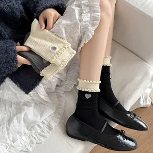 Dames Schattige Japanse Sokken van Gekamd Katoen Kantafwerking Hart Borduurwerk Casual Sokken