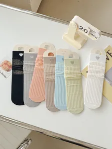 Summer thin mesh crew socks with cute heart embroidery, breathable sweet style socks.