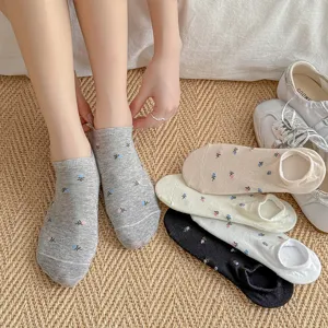Women's shallow-mouth low-cut floral socks, breathable cotton invisible socks, summer daily wear