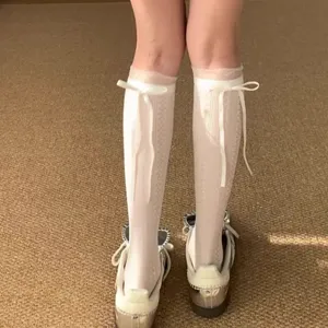Women Fashion Ballet Style Mesh Slouch Socks Sweet Bowknot Ribbon Sheer Long Socks Spring Summer JK Uniform Hosiery