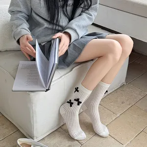 Summer new bow mid-calf thin socks sweet photogenic solid color basic versatile socks detail