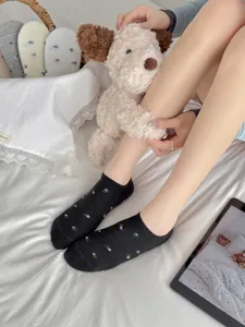 Women low-cut boat socks black cute floral print breathable cotton invisible summer socks
