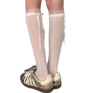 Women sheer calf socks balletcore ribbon bow knee high socks cute college style hosiery