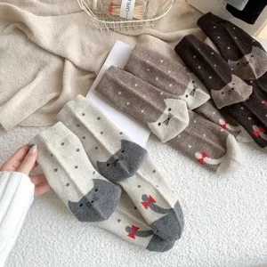 Damen Verdickte Warme Wadenlange Socken Süße Katzen und Pünktchen Jacquard Slouch Socken Winter Lässige Tägliche Socken