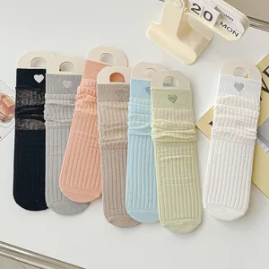 Spring summer thin mesh breathable mid-tube cute heart stacked women socks daily wear
