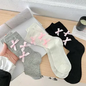 Women ribbed mid tube socks with sweet pink bows, casual breathable cotton blend daily wear