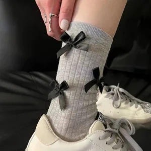 Women's Sweet Bow Mid-Tube Thin Socks Solid Color Basic Versatile Casual Crew Socks Fashion Hosiery