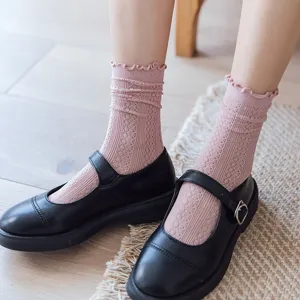 Damen Rüschen rosa Mittelsocken süße Lolita atmungsaktive Mesh Baumwollsocken für den Sommer