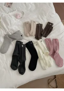 Korean style heart embroidered women mid tube socks autumn winter cotton long socks