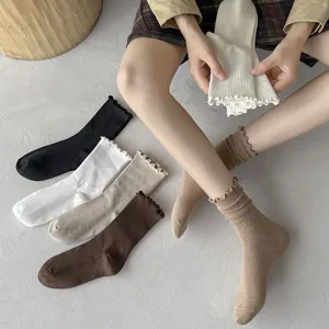 Women summer thin lettuce edge slouch socks mid tube cotton socks retro casual cute daily
