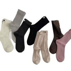 Korean style women mid-tube ribbed socks with cute heart embroidery, multi-color options.