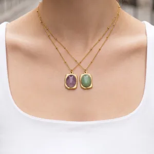 Collier double couche plaqué or 18K en acier inoxydable avec pendentif pierre naturelle