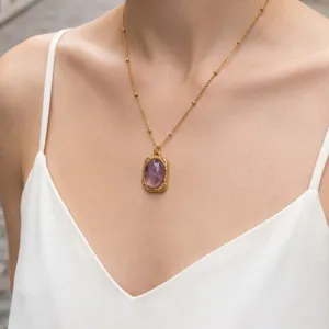 Collier Pendentif Vintage en Pierre Violette Plaqué Or 18K en Acier Inoxydable