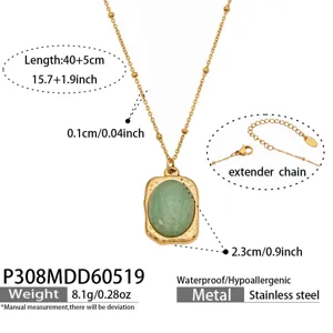 Collier en acier inoxydable plaque or 18k avec pendentif ovale en pierre verte, bijou elegant.