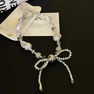 Parel Strik Telefoonketting Kralen Armband Zilver Onregelmatige Parel Telefoonhoes Sieraden