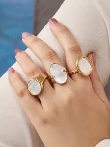 Roestvrij staal PVD vergulde natuurlijke schelp ringen set elegante geometrische sieraden