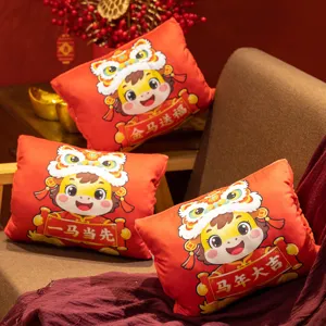 Cute Chinese Zodiac Year of the Horse plush hand warmer pillow, festive red plush toy for home decor.