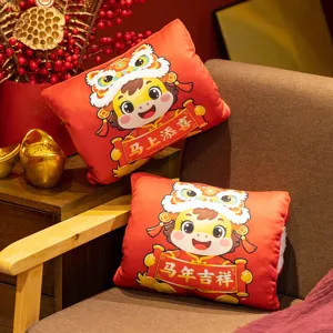Red cartoon horse plush hand warmer pillow, cute New Year festive cushion for home decor.