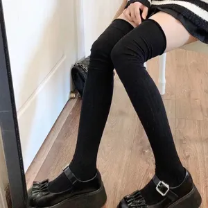 Women Over The Knee Long Socks Solid Color Ribbed Knit High Tube Thigh High Warm Winter Stockings Casual Fashion Hosiery