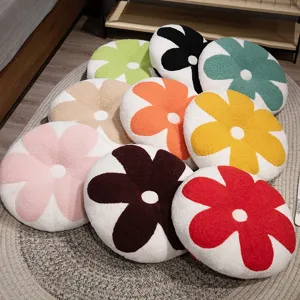 Coussin de Sol en Forme de Fleur de Dessin Animé Peluche Douce Teddy Fleece Coussin de Siège Rond Oreiller Marguerite pour Canapé Chambre Tatami