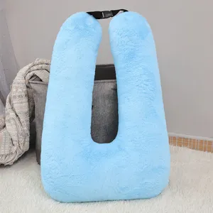 Light blue plush U-shaped pillow cushion with buckle strap for car travel sleeping