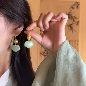 New Chinese style gold green jade ruyi earrings elegant traditional fashion jewelry detail view