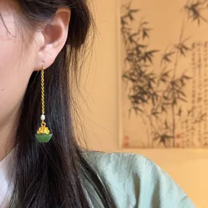 Handcrafted Chinese style long tassel earrings with green stone and pearl for women detail shot