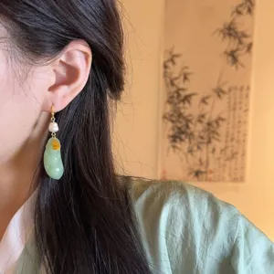 Chinese style jade bean pearl dangle earrings for women elegant vintage jewelry gift