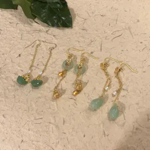 Handcrafted Chinese style green jade tassel earrings set, vintage gold tone drop jewelry.