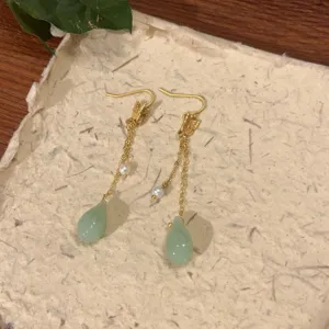 Elegant new Chinese style long tassel earrings with green jadeite drops and sweet pearls for women.