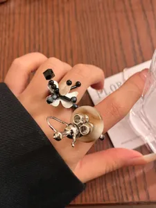 Y2K beaded flower and wine bottle ring, trendy stackable elastic finger jewelry for women.