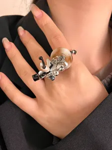 Y2K sweet cool beaded flower ring elastic stackable finger jewelry for women fashion accessory