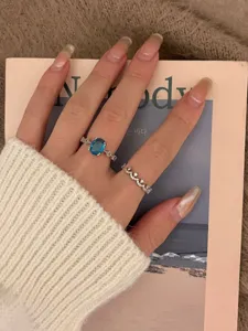 Oval blue gemstone ring set with sparkling zircon crown band dainty fine jewelry for women