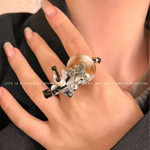 Handmade Y2K Beaded Statement Ring Flower Stackable Elastic Fashion Jewelry for Women