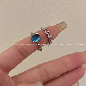 Oval blue gemstone ring and dainty zircon crown ring set for women fashion jewelry