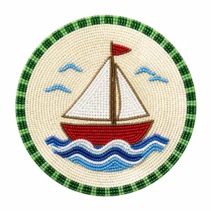 Close up view of handmade seed bead woven coaster featuring a colorful sailboat detail.